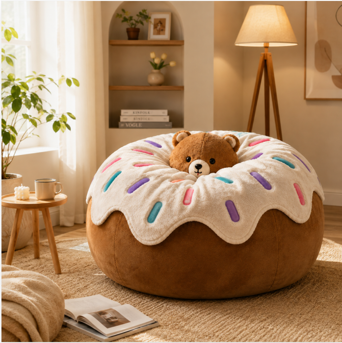 Doughnut Bear Bean Bag Chair | Velvet Fabric Lounge Sofa with Premium Shredded Memory Foam & Machine Washable Cover